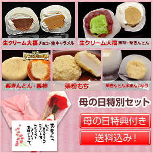 【送料込み】母の日特別セット★特別特典付き★チョコ生キャラメル・生キャラメル大福各1個/
抹茶・栗きんとん生クリーム大福各1個/栗粉餅2個/栗きんとん水まんじゅう2個/
栗柿2個/栗きんとん2個【合計12個入】